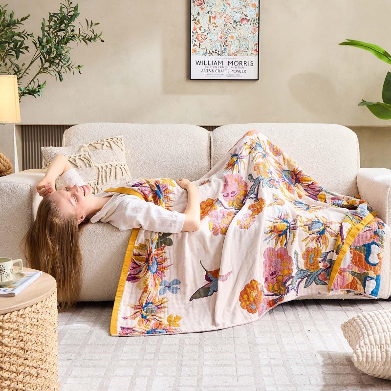 XIBLC Boho Throw Blanket, 100% Cotton Ultra Soft Luxury Throw Rustic Quilt, 60"x80" Floral Bird Butterfly Farmhouse Decor Bed Blankets, All Season Rustic Reversible Bohemian Throw for Bed - Yellow - Image 5