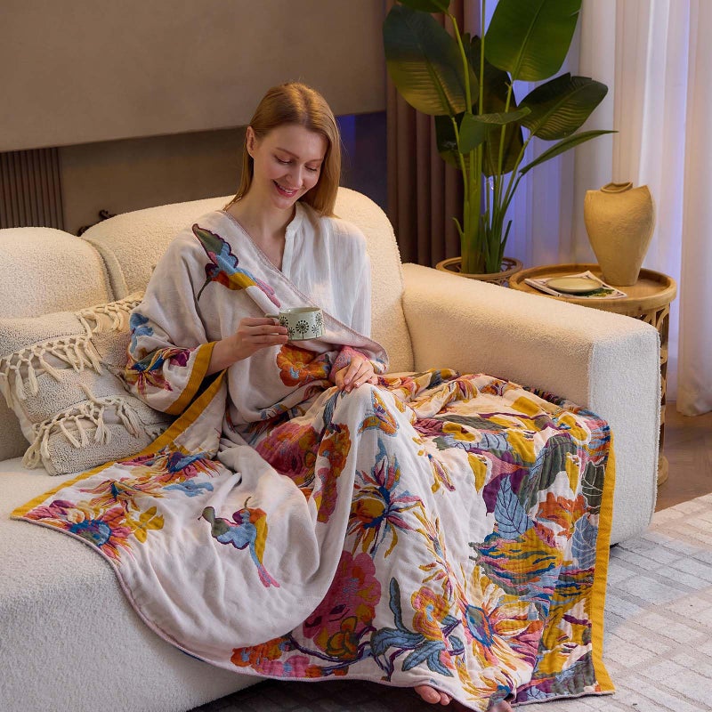 XIBLC Boho Throw Blanket, 100% Cotton Ultra Soft Luxury Throw Rustic Quilt, 60"x80" Floral Bird Butterfly Farmhouse Decor Bed Blankets, All Season Rustic Reversible Bohemian Throw for Bed - Yellow - Image 4
