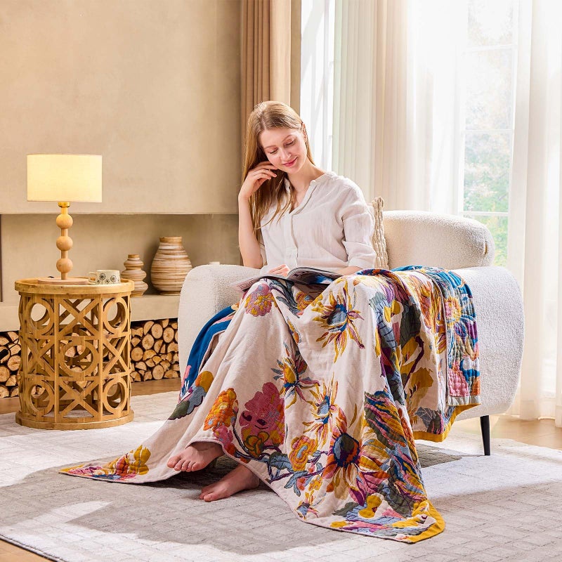 XIBLC Boho Throw Blanket, 100% Cotton Ultra Soft Luxury Throw Rustic Quilt, 60"x80" Floral Bird Butterfly Farmhouse Decor Bed Blankets, All Season Rustic Reversible Bohemian Throw for Bed - Yellow - Image 3