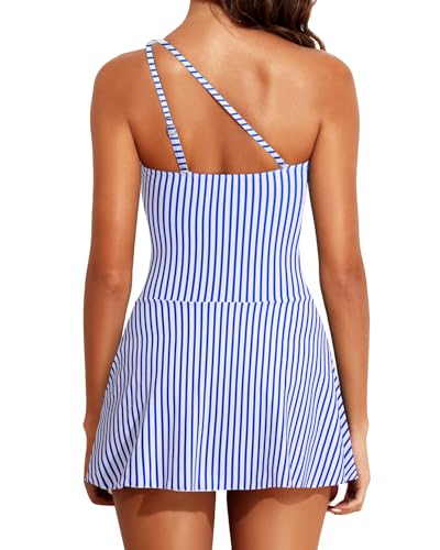 Tempt Me Women Blue Striped One Piece Swim Dress One Shoulder Swimsuit with Skirt Tummy Control Swimdress Bathing Suit XL - Image 2