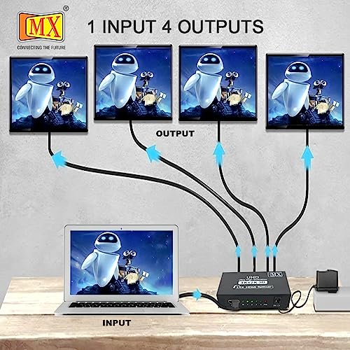 MX موزع HDMI 1x4 منفذ 4K Ultra HD مع محول تيار متردد | 1 مدخل 4 مخرجات مركز HDMI | يدعم 4K/2K، 1080P، عرض مرآة ثلاثي الأبعاد للتلفاز، الشاشة، البروجيكتور، PS3، DVD، STB - Image 2