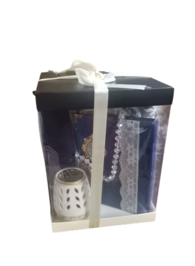 5-piece gift set: padded prayer mat + Quran + prayer shawl + prayer beads + incense burner - Image 1
