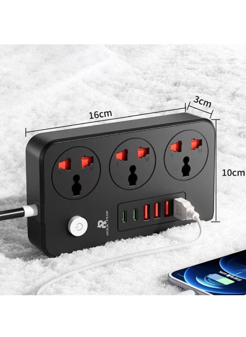 Rock Pow 5 meters Universal Extension Cord with 3 Power Socket and 4 USB + 2 PD Slots 3 Way Power Strip with USB type C PD Charging slot Extension Lead 5 meter  - Image 2