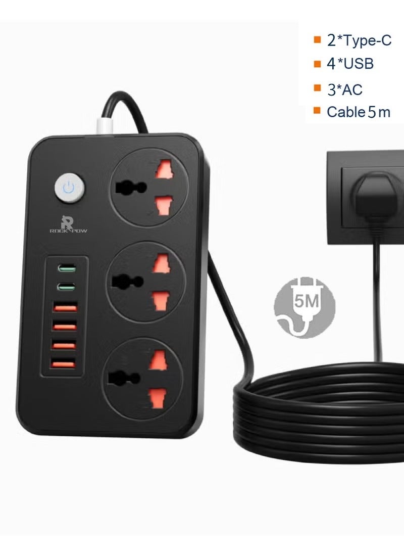 5 meters Universal Extension Cord with 3 Power Socket and 4 USB + 2 PD Slots 3 Way Power Strip with USB type C PD Charging slot Extension Lead 5 meter