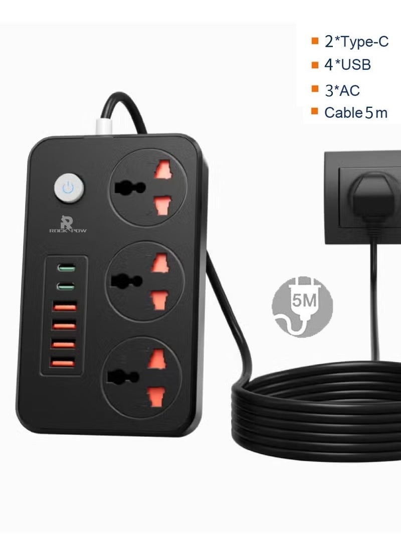 Rock Pow 5 meters Universal Extension Cord with 3 Power Socket and 4 USB + 2 PD Slots 3 Way Power Strip with USB type C PD Charging slot Extension Lead 5 meter  - Image 1