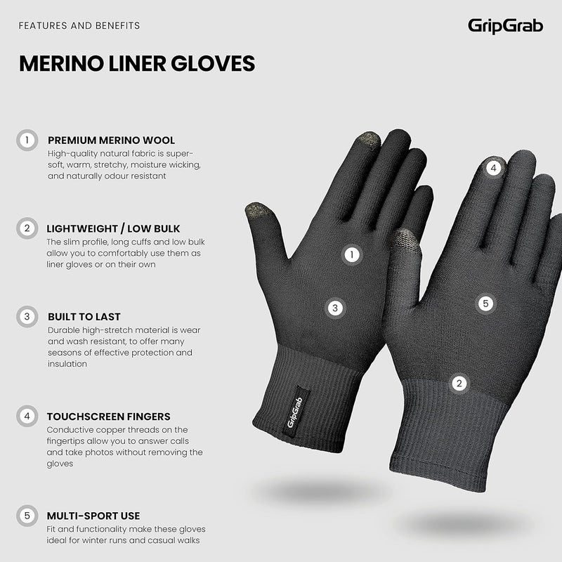 GripGrab Merino-Wool Thermal Full Finger Liner Gloves Touchscreen-Compatible Knitted Inner Under Cycling Everyday-Life - Image 2