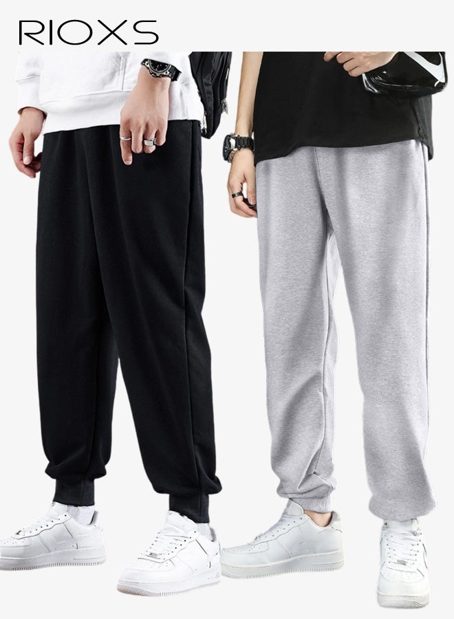 ريوكس 2 قطعة من بنطلونات الجري الرجالية كبيرة الحجم، بنطلونات رياضية ضيقة الساقين للتمرين في صالة الألعاب الرياضية، بنطلونات رياضية مريحة وواسعة للخريف مع جيوب، بنطلونات استرخاء ضيقة قابلة للتهوية مع أربطة للصالة الرياضية والجري وركوب الدراجات والتسلق، أسود + رمادي - Image 1