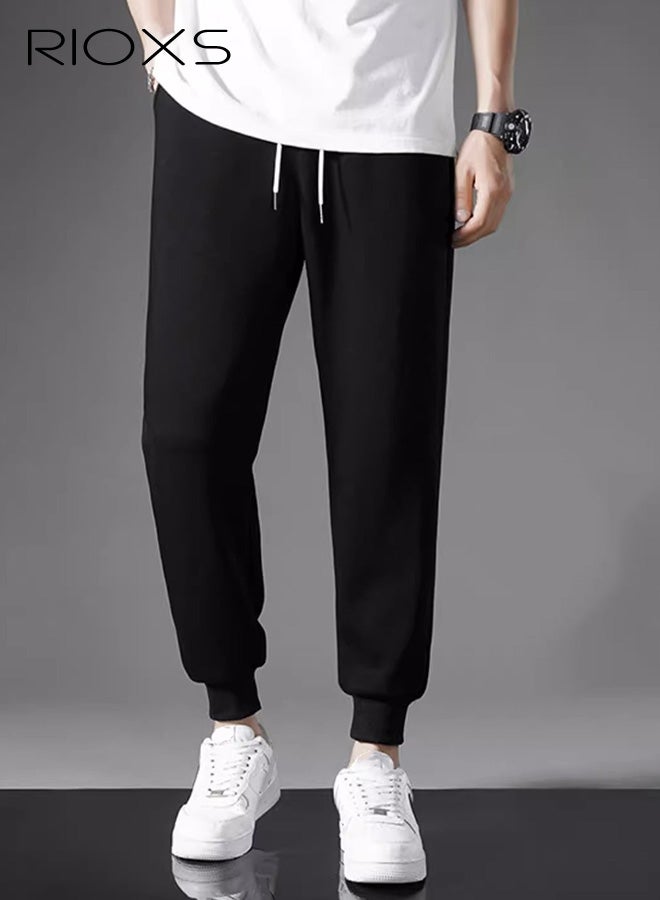 ريوكس 2 قطعة من بنطلونات الجري الرجالية كبيرة الحجم، بنطلونات رياضية ضيقة الساقين للتمرين في صالة الألعاب الرياضية، بنطلونات رياضية مريحة وواسعة للخريف مع جيوب، بنطلونات استرخاء ضيقة قابلة للتهوية مع أربطة للصالة الرياضية والجري وركوب الدراجات والتسلق، أسود + رمادي - Image 4