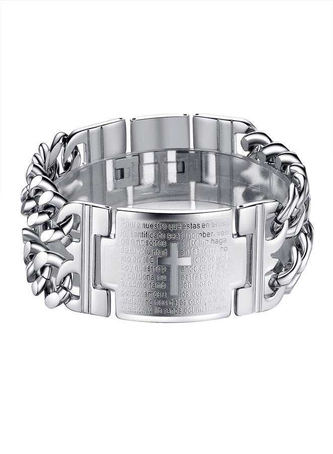 TEMICO Stainless Steel Spanish Bible Lords Prayer Cross Bracelet for Men Biker Link Wrist Bracelet, 8.26" - Image 2
