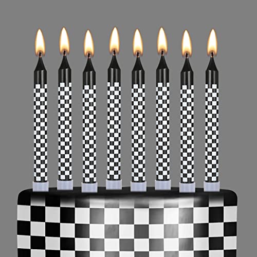 Cindeer 12 Pcs Racing Cars Themed Birthday Candles Black and White Checkered Flag Cupcake Topper for Racing Cars Party Decoration Baby Shower for Boys Children - Image 1
