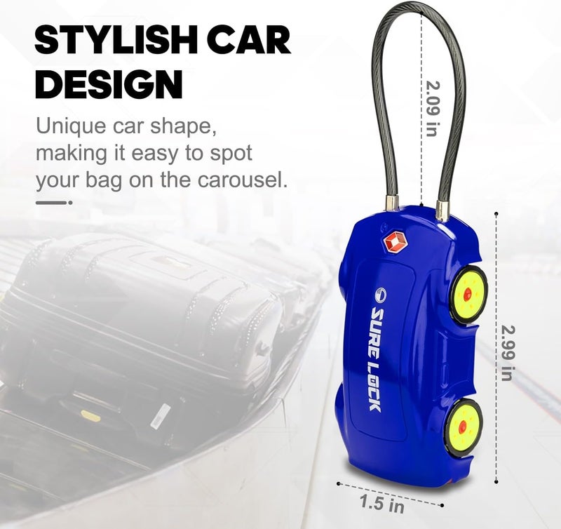 SURE LOCK TSA Approved 4-Digit Combination Luggage Lock - Car Shape Design Travel Lock for Suitcases, Backpacks & Gym Bags (10,000 Combos, 1 Pack Blue) - Image 5