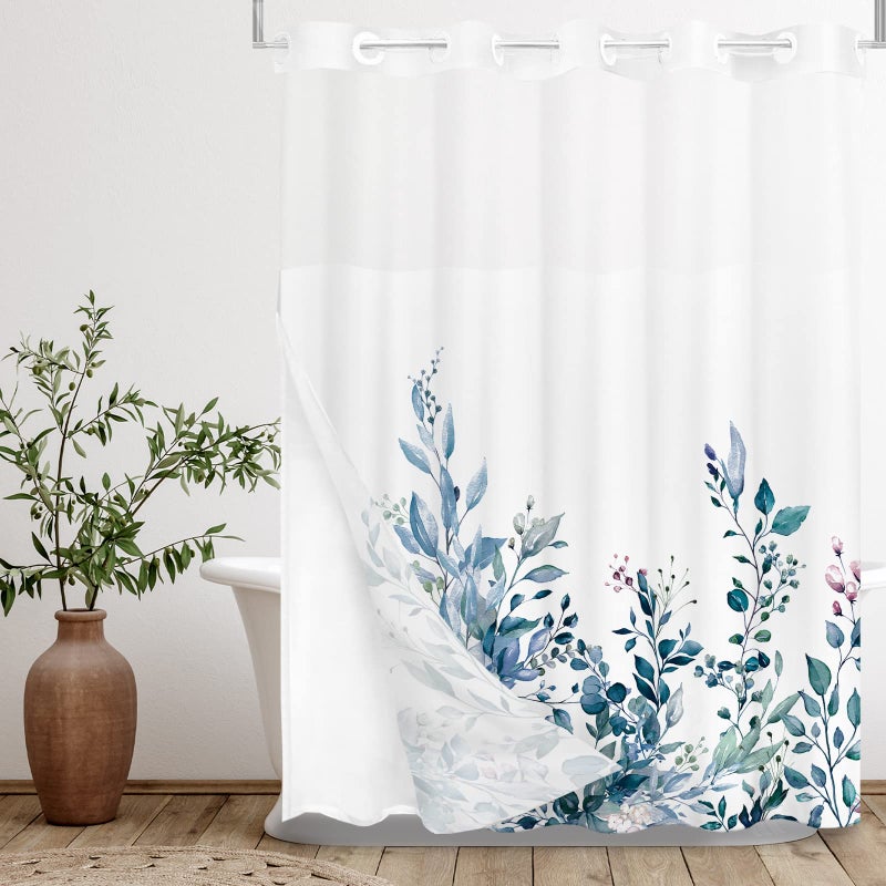 Tititex No Hooks Snap in Liner Blue Eucalyptus Leaves Shower Curtain Sets Hotel Luxury Double Layers Waterproof Fabric SeeThrough Top Window Bathroom Decorative 72x72 Inch