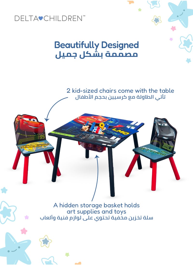 Delta CHILDREN Cars Table & Chair Set with Storage | Kid-Friendly Desk for Homework & Creative Play | Includes 2 Chairs & Hidden Storage Basket | 25.79x25.98x3.54 CM | For Ages 3+  - Image 3