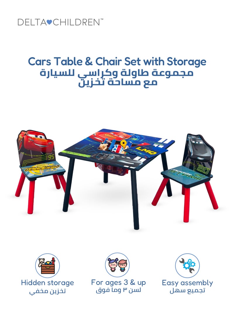 Delta CHILDREN Cars Table & Chair Set with Storage | Kid-Friendly Desk for Homework & Creative Play | Includes 2 Chairs & Hidden Storage Basket | 25.79x25.98x3.54 CM | For Ages 3+  - Image 1