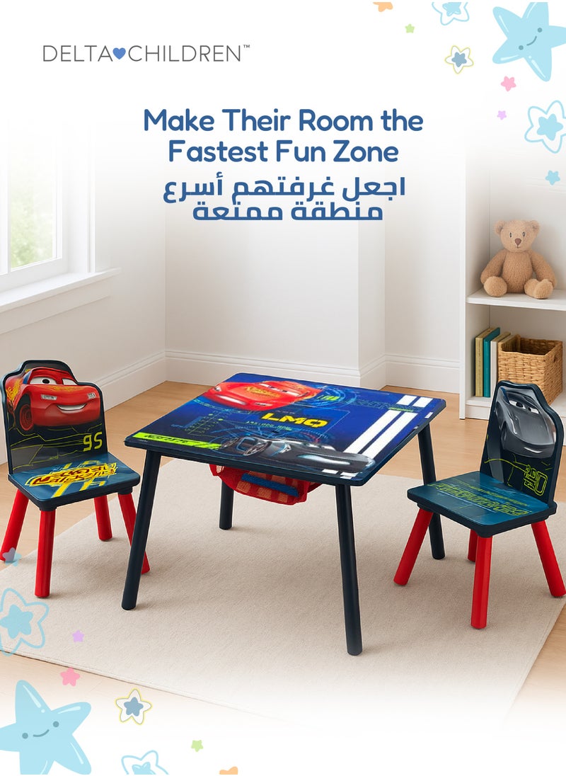 Delta CHILDREN Cars Table & Chair Set with Storage | Kid-Friendly Desk for Homework & Creative Play | Includes 2 Chairs & Hidden Storage Basket | 25.79x25.98x3.54 CM | For Ages 3+  - Image 4