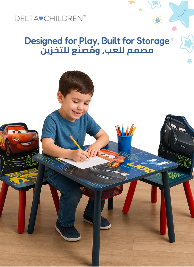 Delta CHILDREN Cars Table & Chair Set with Storage | Kid-Friendly Desk for Homework & Creative Play | Includes 2 Chairs & Hidden Storage Basket | 25.79x25.98x3.54 CM | For Ages 3+  - Image 2