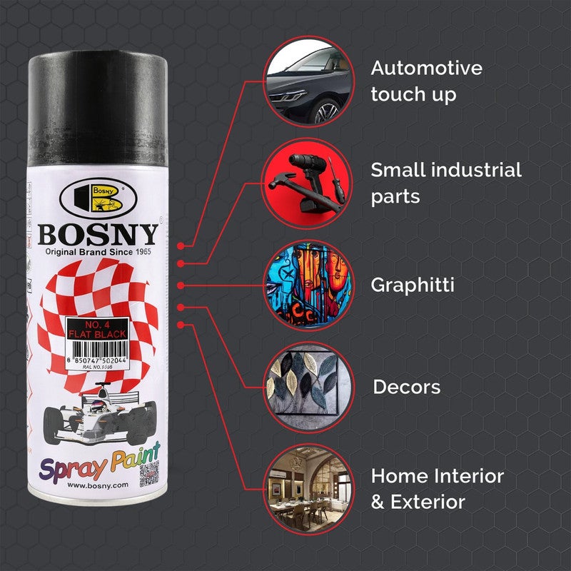 Bosny 5 Pcs Combo BOSNY No.4 Flat Black Spray Paint – Multi-Surface Aerosol Paint for Metal, Wood, Wall, Glass & Automotive Touch-Up | Quick Dry, High Gloss Finish, Long Lasting DIY & Industrial Spray Paint - Image 2