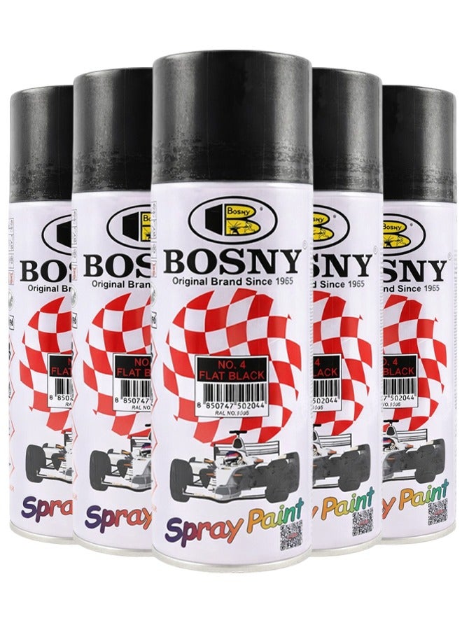 Bosny 5 Pcs Combo BOSNY No.4 Flat Black Spray Paint – Multi-Surface Aerosol Paint for Metal, Wood, Wall, Glass & Automotive Touch-Up | Quick Dry, High Gloss Finish, Long Lasting DIY & Industrial Spray Paint - Image 1