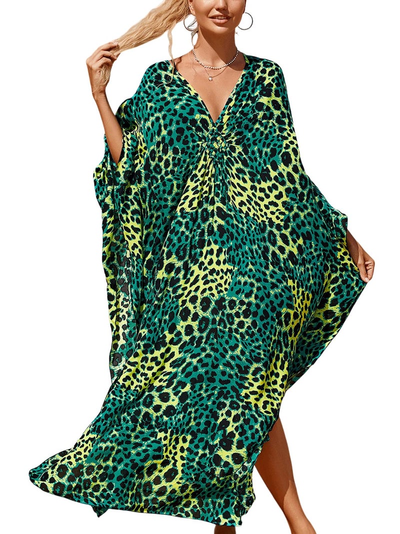IMAGEKOPE Women's Plus Size Animal Print V-Neck Batwing Kaftan Beach Dress Bathing Suit Cover-Up Loungewear - Image 1