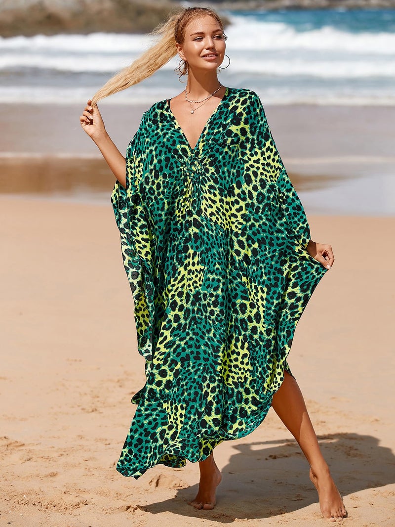 IMAGEKOPE Women's Plus Size Animal Print V-Neck Batwing Kaftan Beach Dress Bathing Suit Cover-Up Loungewear - Image 4