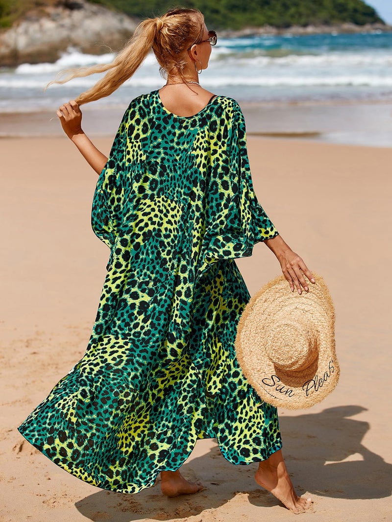IMAGEKOPE Women's Plus Size Animal Print V-Neck Batwing Kaftan Beach Dress Bathing Suit Cover-Up Loungewear - Image 5