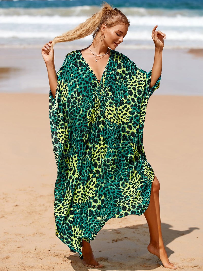 IMAGEKOPE Women's Plus Size Animal Print V-Neck Batwing Kaftan Beach Dress Bathing Suit Cover-Up Loungewear - Image 3