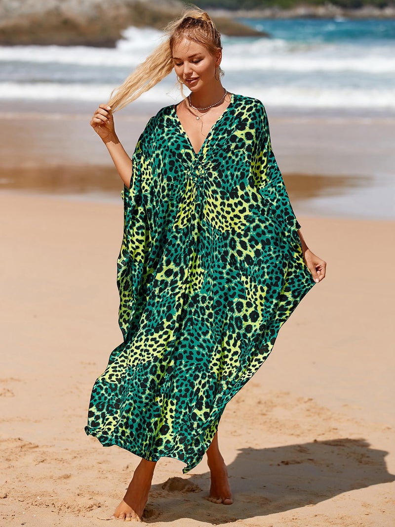IMAGEKOPE Women's Plus Size Animal Print V-Neck Batwing Kaftan Beach Dress Bathing Suit Cover-Up Loungewear - Image 2