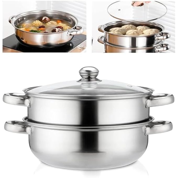 قدر بخار من الفولاذ المقاوم للصدأ مكون من طبقتين، ومجموعة من طبقتين من أواني الطهي بالبخار مع غطاء زجاجي، وأواني طهي بالبخار مزدوجة الغلايات، ووعاء من الفولاذ المقاوم للصدأ للطهي في المطبخ - Image 1
