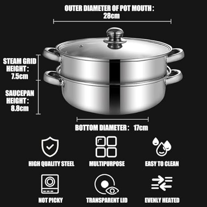 قدر بخار من الفولاذ المقاوم للصدأ مكون من طبقتين، ومجموعة من طبقتين من أواني الطهي بالبخار مع غطاء زجاجي، وأواني طهي بالبخار مزدوجة الغلايات، ووعاء من الفولاذ المقاوم للصدأ للطهي في المطبخ - Image 4