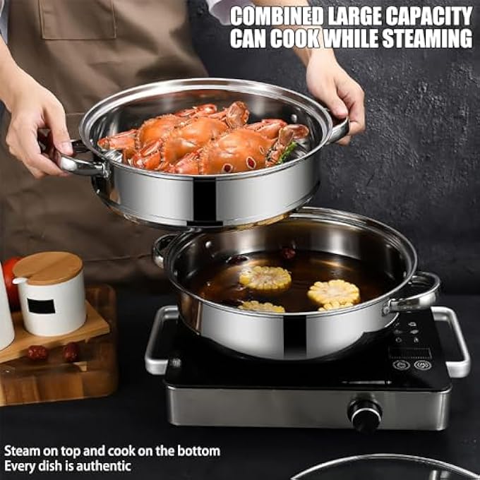 قدر بخار من الفولاذ المقاوم للصدأ مكون من طبقتين، ومجموعة من طبقتين من أواني الطهي بالبخار مع غطاء زجاجي، وأواني طهي بالبخار مزدوجة الغلايات، ووعاء من الفولاذ المقاوم للصدأ للطهي في المطبخ - Image 5