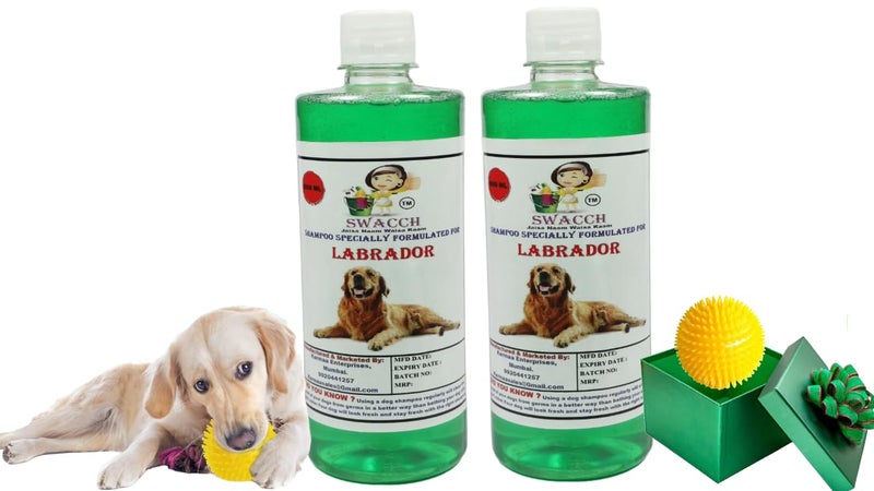 swacch Shampoo | Puppy Safe Shampoo | PH Balanced | Ditch to Itch for Labrador Dog Shampoo 500ml Pack of 2 (Neem Alovera) + Spike Ball Chew Toy Combo Pack - Image 1