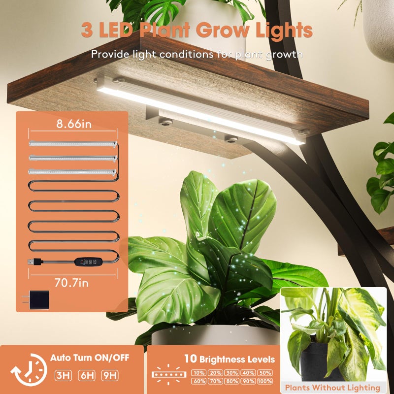 Tovve Plant Stand Indoor with Grow Light, 8 Tiered 66" Tall Plant Shelf, Corner Large Plant Stand for Indoor Plants Multiple, Metal S-Shaped Plant Flower Holder, for Living Room, Patio, Balcony - Image 3