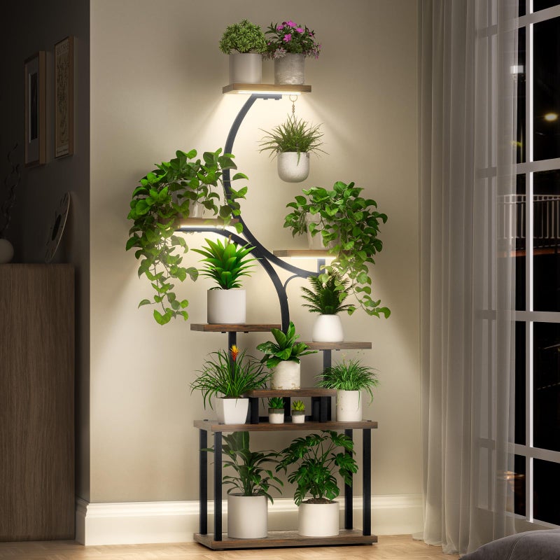 Tovve Plant Stand Indoor with Grow Light, 8 Tiered 66" Tall Plant Shelf, Corner Large Plant Stand for Indoor Plants Multiple, Metal S-Shaped Plant Flower Holder, for Living Room, Patio, Balcony - Image 1