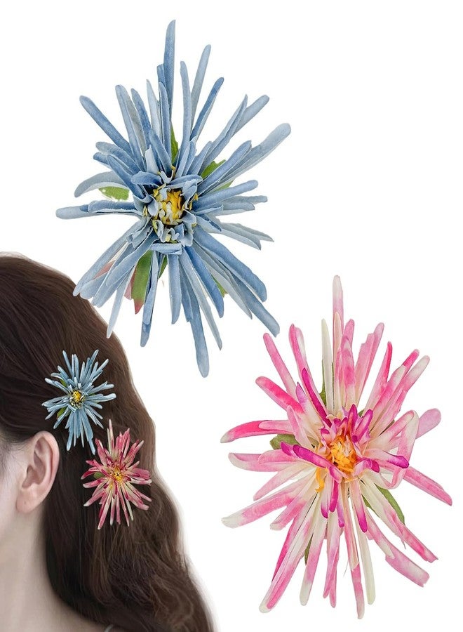Elandy 2PCS Artificial Daisy Flower Hair Clips Hawaiian Boho Slide Hair Barrettes Alligator Claw Clip Hairpins Hair Styling Headpieces Floral Hair Accessories for Vacation Beach Party (Pink+Blue) - Image 1