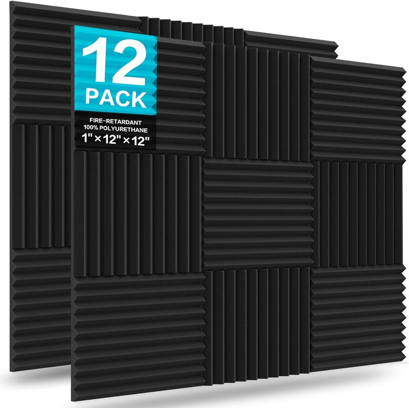 JBER 12 Pack Acoustic Foam Panels, 1" X 12" X 12" Studio Soundproofing Wedges Fire Resistant Sound Proof Padding Acoustic Treatment Foam (Black) - Image 1