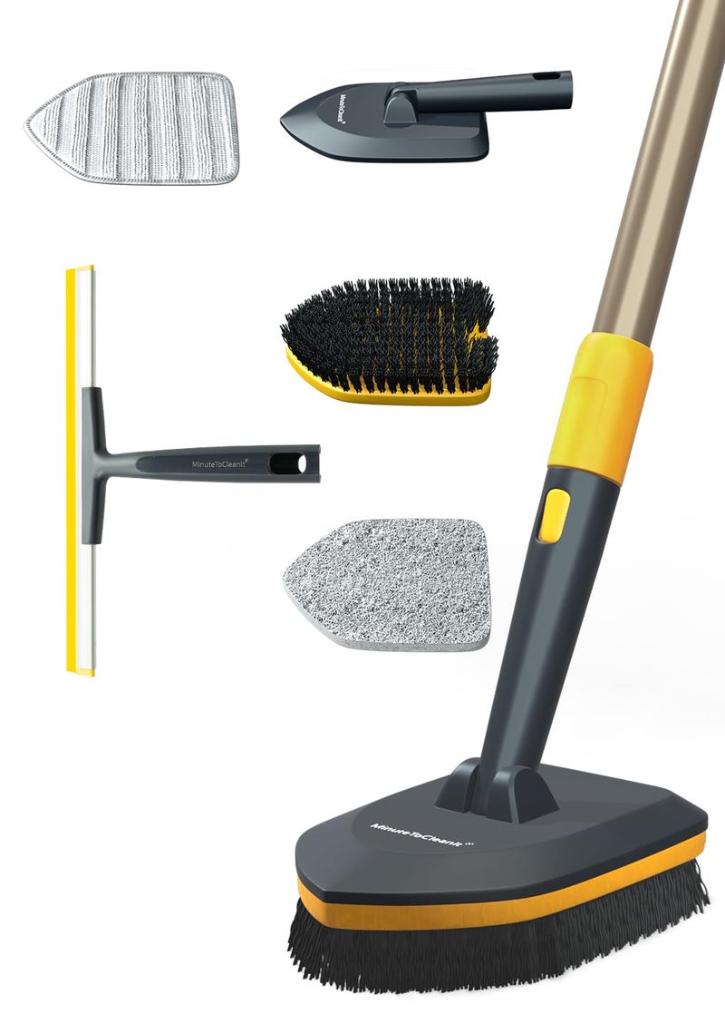 MinuteToCleanIt 4-in-1 Cleaning Set | Long Handle Wiper Squzee, Bristles, Microfiber & Scrubber for Tiles, Bathroom, Windows – 58.2” Extendable Pole, Detachable Heads, Yellow - Image 1