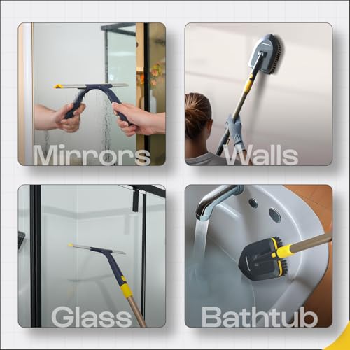 MinuteToCleanIt 4-in-1 Cleaning Set | Long Handle Wiper Squzee, Bristles, Microfiber & Scrubber for Tiles, Bathroom, Windows – 58.2” Extendable Pole, Detachable Heads, Yellow - Image 3