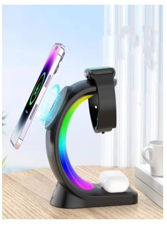 Charging Station 3 in 1 slim Transparent Magsafe foldable charger |Dock With night Light Black