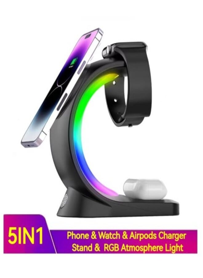 Charging Station 3 in 1 slim Transparent Magsafe foldable charger |Dock With night Light Black