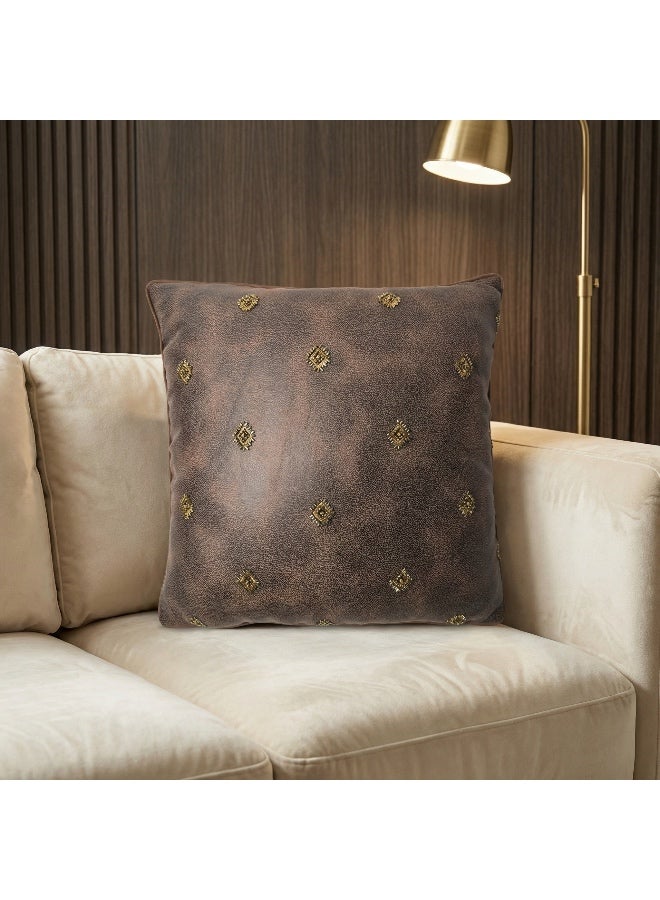 Set of 2 45x45cm Brown Faux Leather Embroidered Pillow Cover | Gold Geometric Pattern Decorative Cushion Case | Living Room Sofa Bedside Throw Pillow for Modern Home Décor - Image 2