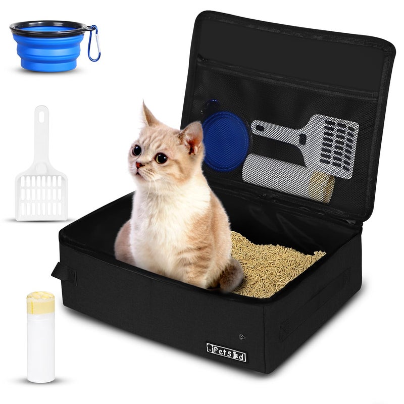 Petskd Portable Cat Travel Litter Box with Lid and 10 pcs Disposable Liner Bags, Leak-Proof and Collapsible, Cat Travel Essentials for Car, Hotel, Airplane and Other Outdoor Use(Black) - Image 1