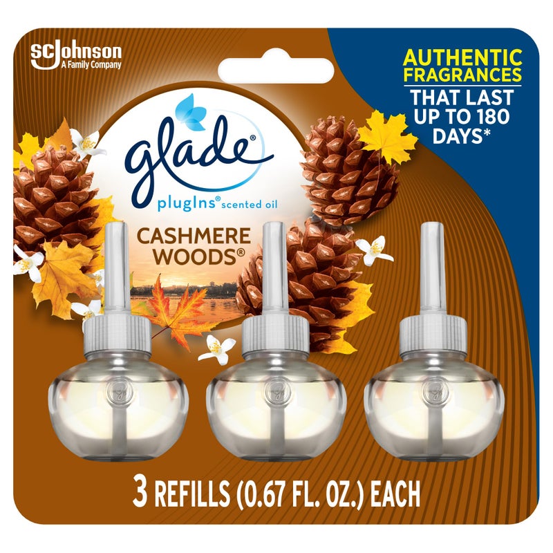 Glade PlugIns Refills Air Freshener, Scented and Essential Oils for Home and Bathroom, Cashmere Woods, 2.01 Fl Oz, 3 Count - Image 1