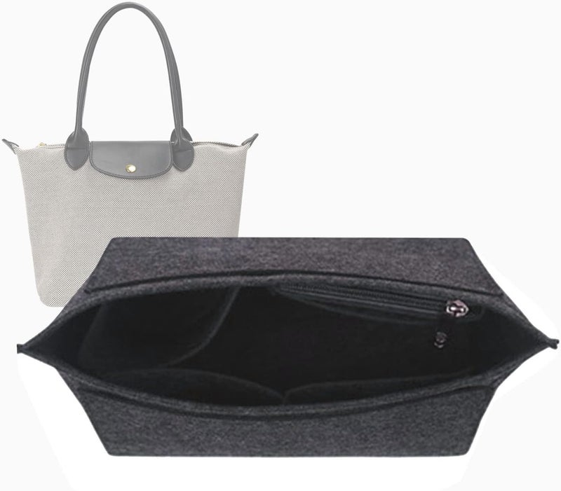 Lckaey حشوة منظم حقيبة لحقيبة Longchamp Le Pliage الكبيرة، حشوة منظم محفظة من اللباد مع سحاب، لون رمادي غامق 1028 - مقاس L - Image 1