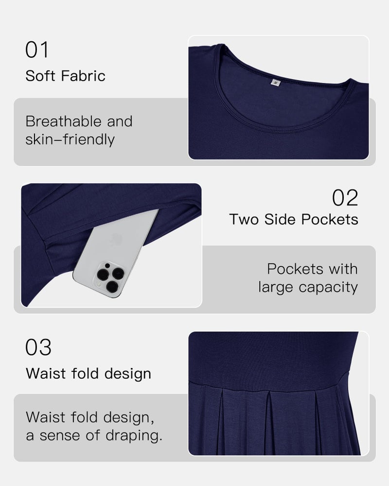 AUSELILY Women's Short Sleeve Summer Dress Pleated Loose Swing Knee Length Dresses with Pockets 2025 New Navy Blue L - Image 2