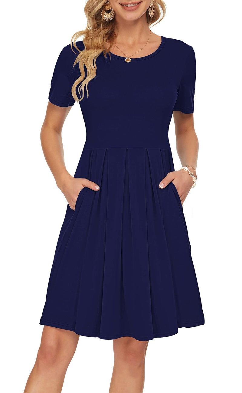 AUSELILY Women's Short Sleeve Summer Dress Pleated Loose Swing Knee Length Dresses with Pockets 2025 New Navy Blue L - Image 1