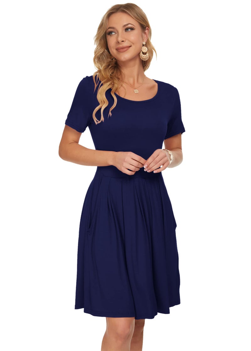 AUSELILY Women's Short Sleeve Summer Dress Pleated Loose Swing Knee Length Dresses with Pockets 2025 New Navy Blue L - Image 5