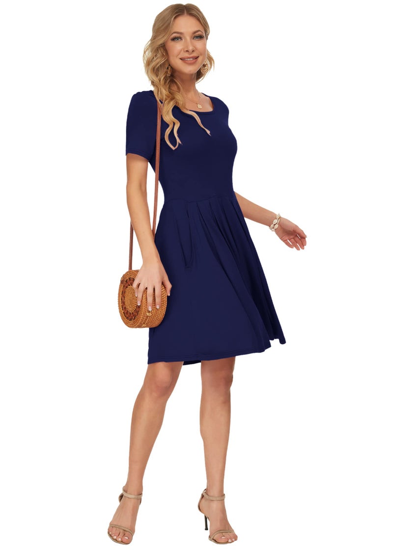 AUSELILY Women's Short Sleeve Summer Dress Pleated Loose Swing Knee Length Dresses with Pockets 2025 New Navy Blue L - Image 4