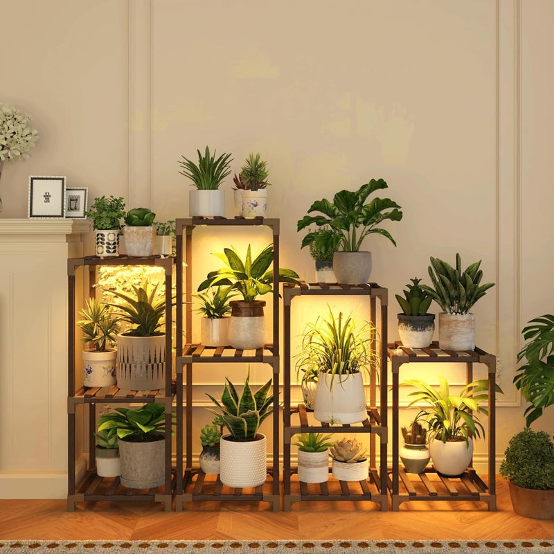 Bamworld Plant Stands with Grow Light Indoor 4 Sets Plant Shelves Outdoor Wooden Plant Holder for Multiple Plants Flower Stands Window Warm Light - Image 1