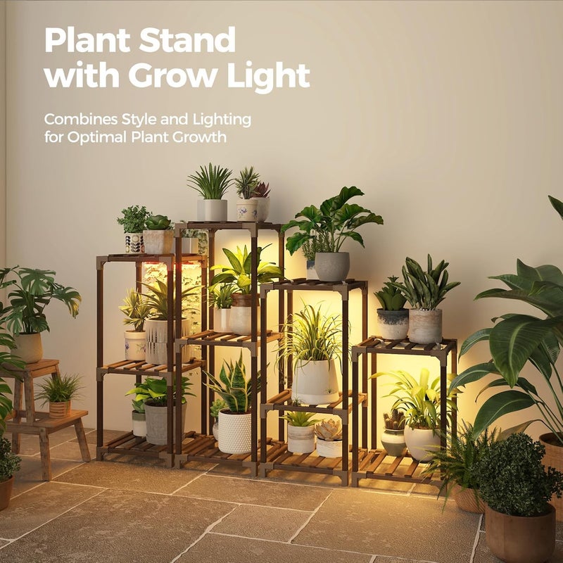 Bamworld Plant Stands with Grow Light Indoor 4 Sets Plant Shelves Outdoor Wooden Plant Holder for Multiple Plants Flower Stands Window Warm Light - Image 3