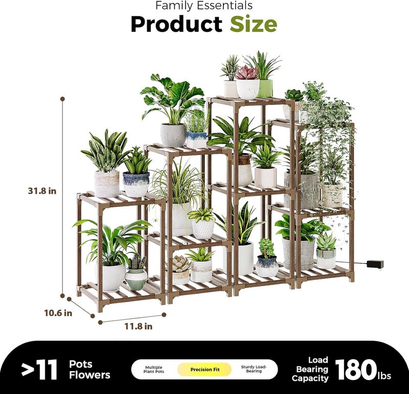 Bamworld Plant Stands with Grow Light Indoor 4 Sets Plant Shelves Outdoor Wooden Plant Holder for Multiple Plants Flower Stands Window Warm Light - Image 2